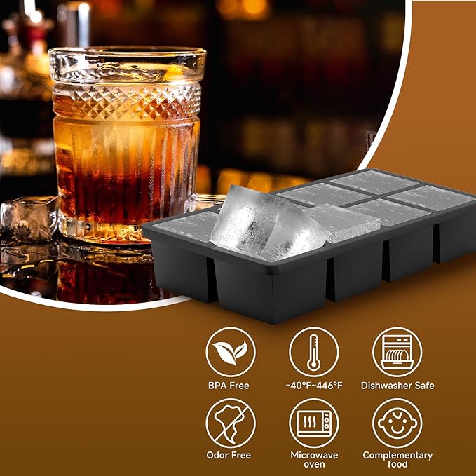 Samuelworld Large Silicone Ice Cube Tray Molds, Big 2 Inch Cubes 3 Pack- Food Grade, Flexible, 8 Cavity Easy Release Slow Melting Ice for Whiskey, Cocktails, Gifts & Christmas - Black (Ice Bag)