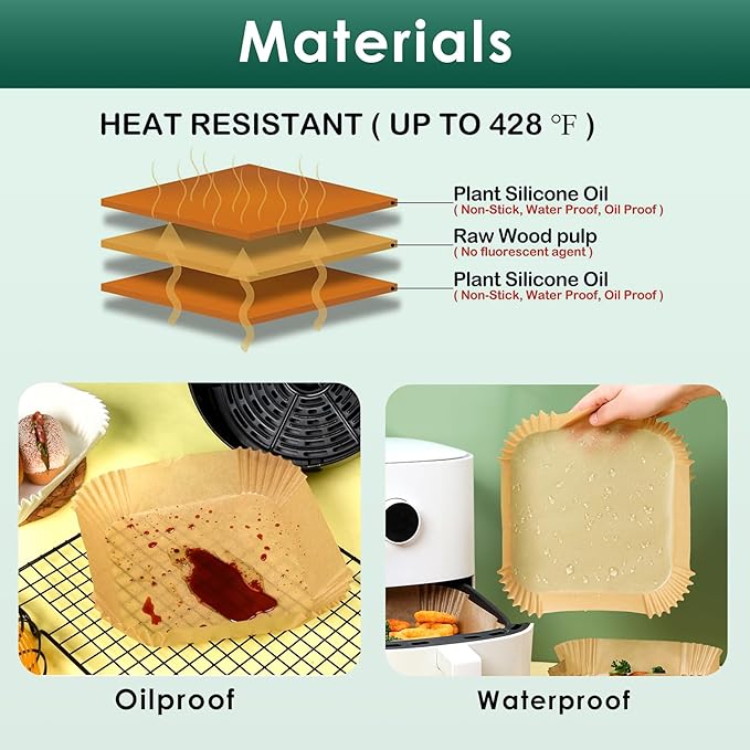 250 Pcs 8" Square Air Fryer Liners Disposable, Unbleached Parchment Paper Liners for Airfryer Basket, Non-Stick & Leakproof Baking Paper for Oven Roasting