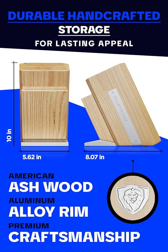 DALSTRONG Universal Knife Block - 18 Slots - Premium American Ash Wood - Aluminum Alloy Rim Kitchen Set - Lion Head Logo Badge - Premium Craftsmanship Knife Set - Angled For Ergonomics - Cleans Easily