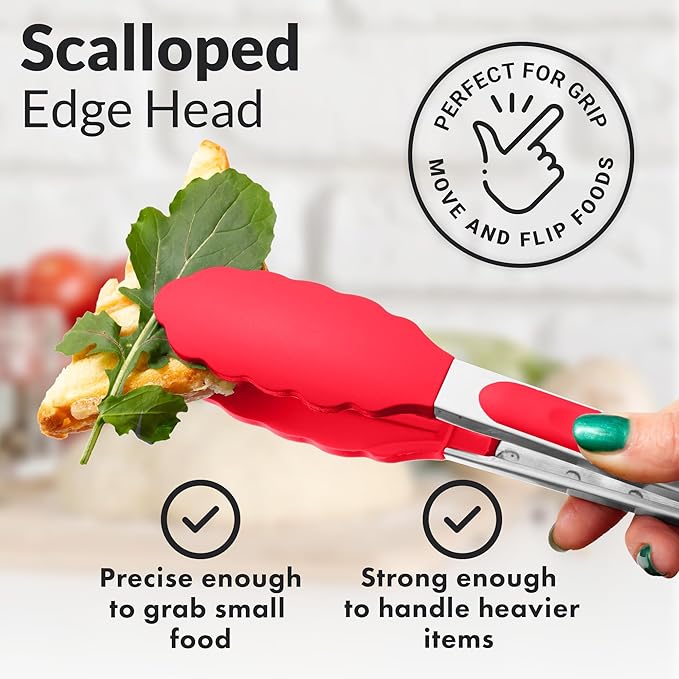 Zulay Stainless Steel Kitchen Tongs with Silicone Tips - Set of 2 (9” & 12”) Locking Cooking Tongs with Non-Slip Grip - Heat Resistant, BBQ Food Tongs for Non-Stick Cooking Pans (Silver/Soft Red)