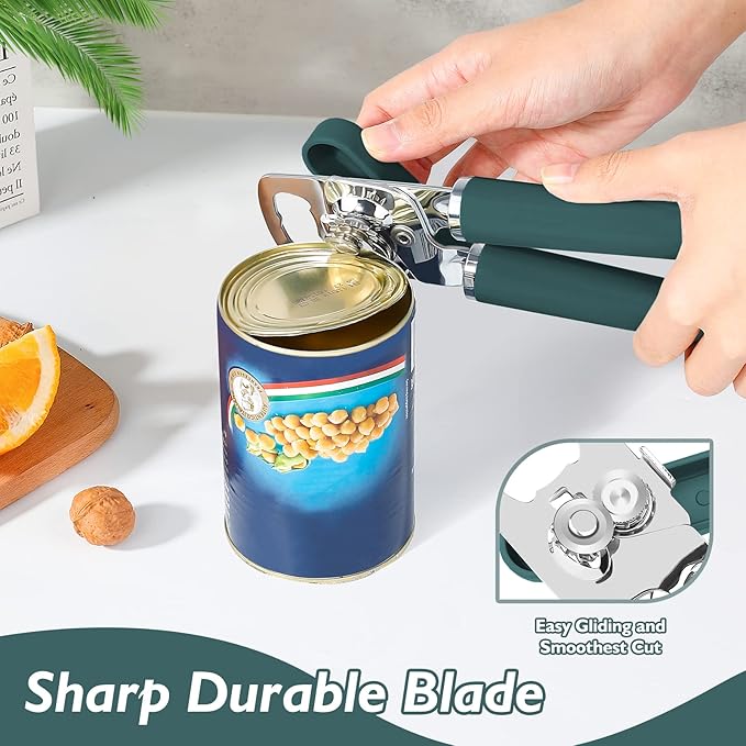 10 Colors Can Opener Manual Handheld Heavy Duty Hand Can Opener Smooth Edge Stainless Steel Can Openers Top Lid Kitchen Gadgets, Best Large Rated Easy Turn Knob, with Bottle Opener, Emerald