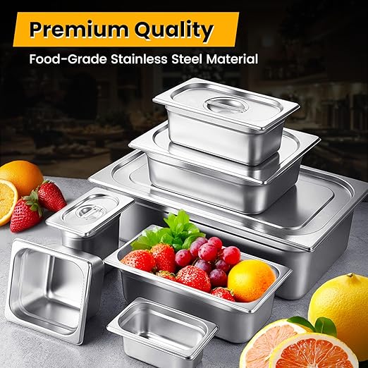 1/6 Hotel Pans 2.5 Inch Deep Stainless Steel Food Pan - Anti-Jam 6 Pack Steam Table Pan Set for Catering, Buffet Use, Kitchen Prep