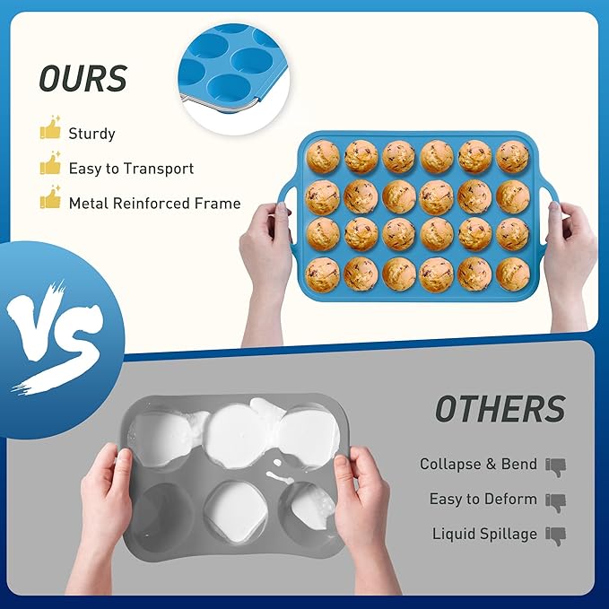 2 Packs 24 Cups Silicone Muffin Pan with Metal Reinforced Frame Mini Size Cupcake Pan Tray Egg Bites Cookie Molds Muffin Tin Tart Pans chocoflan mold Baking Sheet Set Breakfast Sandwiches