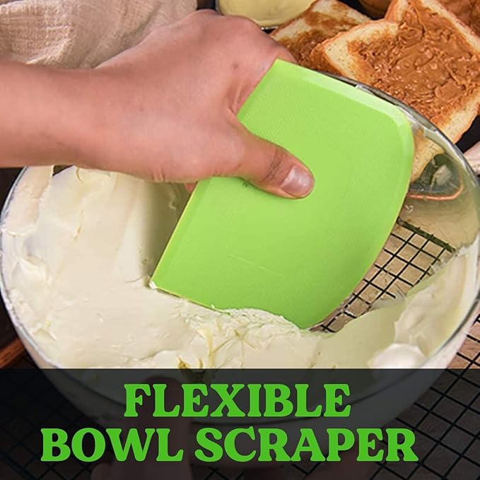 SURDOCA Dough Scraper Bench Scraper - 3P 8.3x5.5" Plastic Flexible Bowl Scraper, Sharp Edge & Angles Cake Scraper. Non-Slip Bakeware Decorating Tools Sculpting & Modeling Tools - Green+Pink+Green
