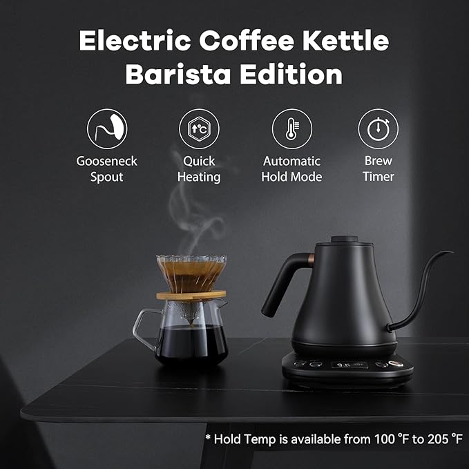Mecity Electric Kettle Gooseneck Pour Over Kettle ±1℉ Temperature Control Quick Heating Water Boiler for Coffee & Tea & Formula Auto Shut Off Tea Kettle 1200 Watt, 0.8L, Matt Black, Barista Edition