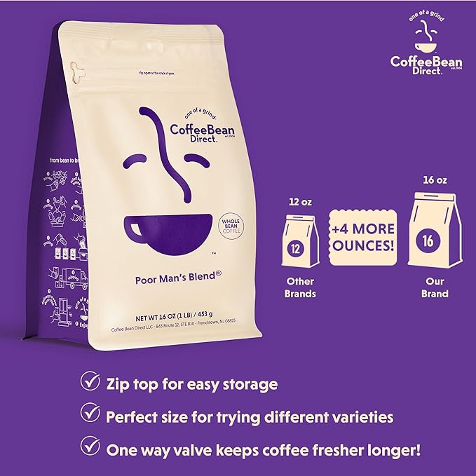 Coffee Bean Direct Poor Man's Blend®, Whole Bean Coffee, Medium Roast, 1 Pound Bag (Pack of 1)