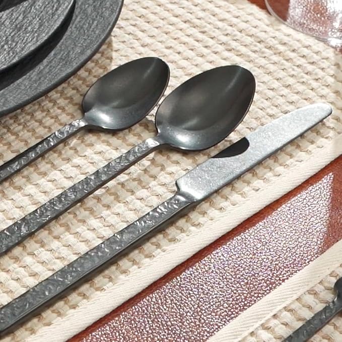 KINGSTONE 60 Pcs Black Hammered Silverware Set for 12, 18/10 Stainless Steel Heavy Duty Flatware Set, Tableware Cutlery Utensil Sets for Home Restaurant Dishwasher Safe