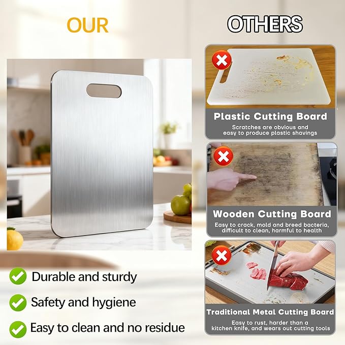 Tavano Titanium Cutting Board,100% Pure Titanium Cutting Boards for Kitchen,2026 New Non Toxic,Double-Sided Food Grade Chopping Board for Meat,Vegetable,Fruit,Outdoor Camping(L-1PC:15.35 * 11.02'')