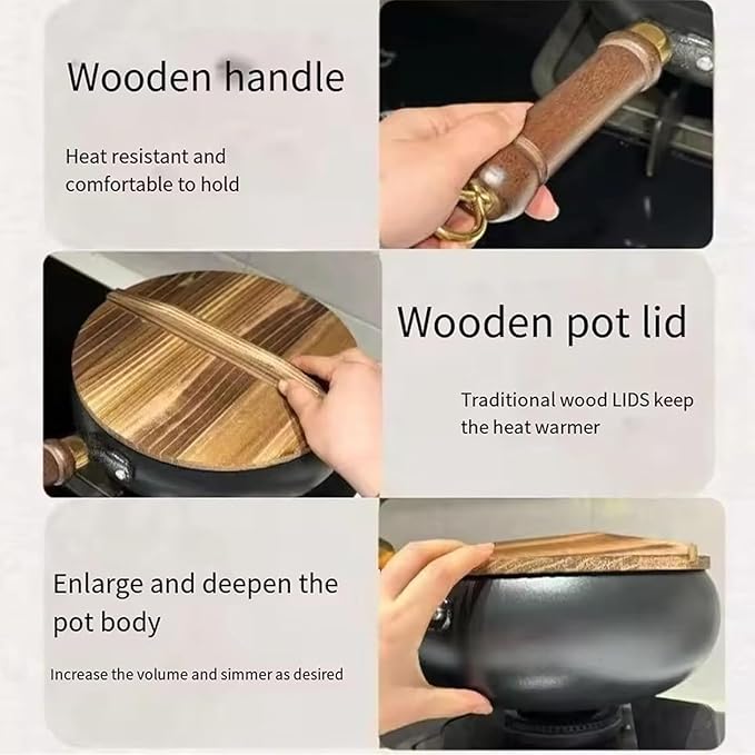 Jinswhdre Cast Iron Skillet, 9.5/11in Jinswhdre Japanese Irons Pan, Hand Forged Uncoated Iron Pan with Lid Spatula, Non-stick Wok for Cooker Gas Stir Fry Pans Durable and Rust-Free (Wooden Lid,10.2in)