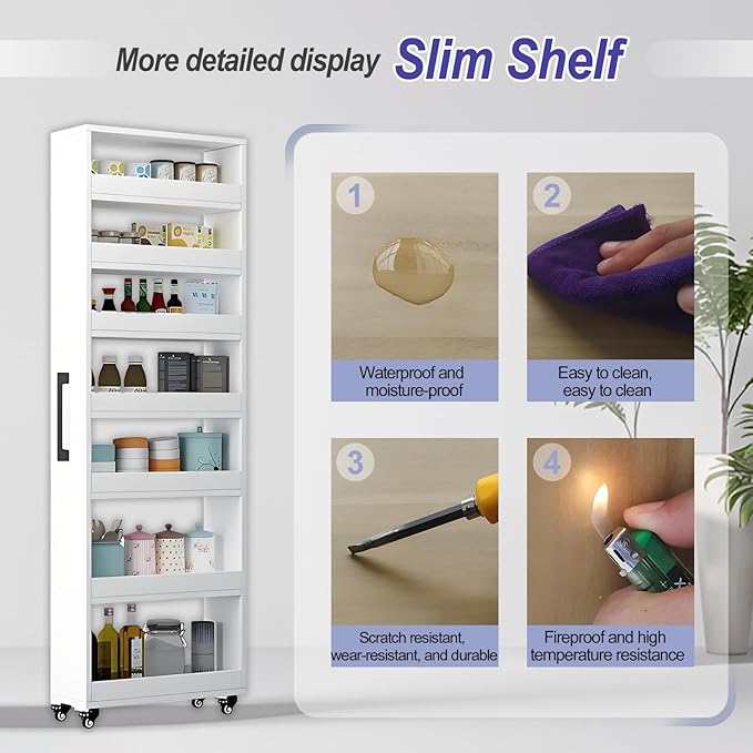 7-Tier Slim Storage Cart, Wooden Rolling Pantry Cabinet with Wheels, Narrow Shelf Organizer for Kitchen, Bakers Rack, Dining Room, Closet, Small Spaces Warm White 47.2" H*5.9" W*16.9" D