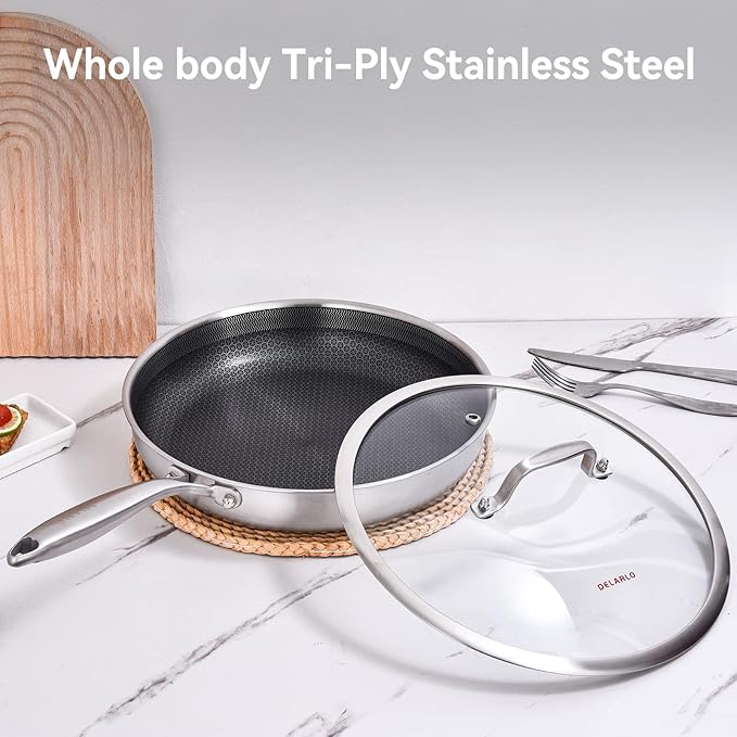 DELARLO Whole body Tri-Ply Stainless Steel Hybrid 12 inch Frying Pan With Lid Nonstick, Oven safe induction skillet,Suitable for All Stove (Detachable Handle)