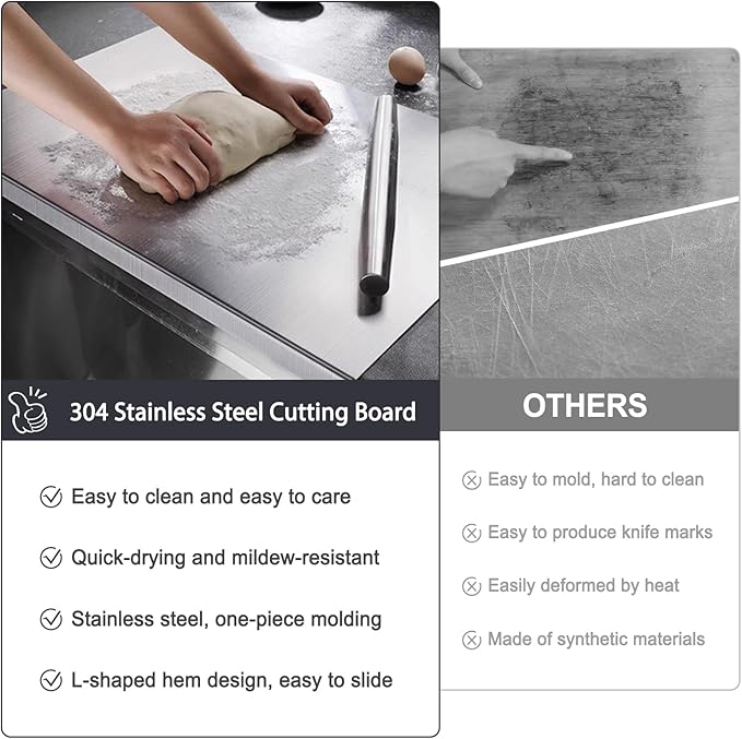 304 Stainless Steel Cutting Board – Stainless Steel Kitchen Chopping Boards Non-Slip, Dishwasher Safe – Ideal for Meat, Vegetables, Fruits, Bread & Baking – Commercial & Home Use (27.5 * 15.7in)