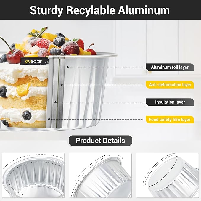 EUSOAR Disposable Creme Brulee Ramekins, Silver 25Packs 5oz Baking Cups with Lids Mini Muffin Liners, Dessert Cheesecake Pan Creme Brulee Cupcake Containers for Catering Gathering Club Wedding Party