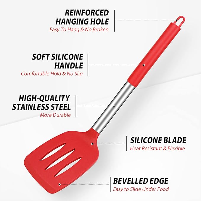 Pack of 4 Large Silicone Cooking Spatulas and Spoons, Slotted and Solid Stainless Steel Cooking Utensils Set, Non-stick Heat Resistant Kitchen for Baking, Fried, Stir-Fry, Mixing, Serving (Red)