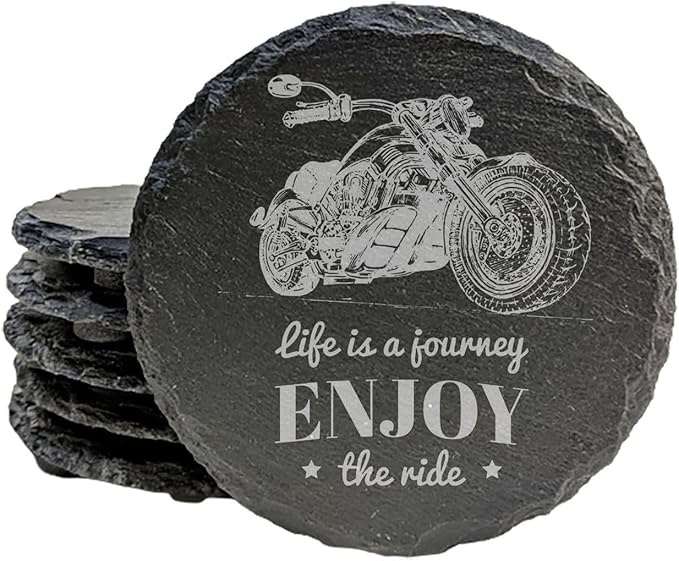 The Open Road Awaits: Motorcycle Coasters with Inspirational Quote - Round Slate - Set of 4