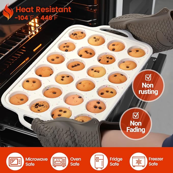 Silicone Mini Muffin Pan, Metal Reinforced Frame 24 Cups Cupcake Pan with Handle Nonstick for Baking Muffins, Cupcakes, Egg Bites