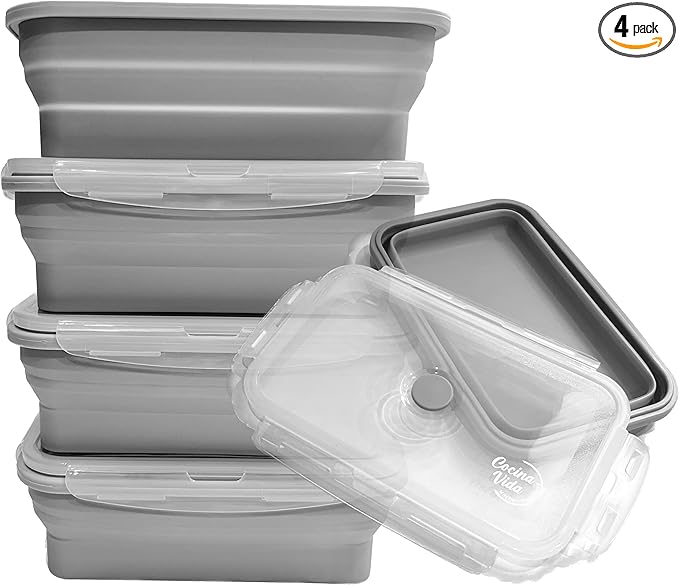Cocina Vida Collapsible Silicone Food Storage Containers with Airtight Lids | Kitchen Stackable Lunch Box Microwave Dishwasher Safe| Set of 4 Silicone Food Storage Containers