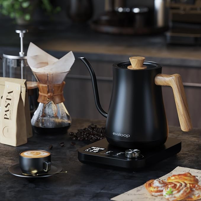 Gooseneck Electric Kettle, Electric tea Kettles, ±1℉ Temperature Control for Pour-Over Coffee & Tea Brewing, Stainless Steel Inner, Quick Heating, Boil Hot Water, 1200W/0.8L (Black Wooden)