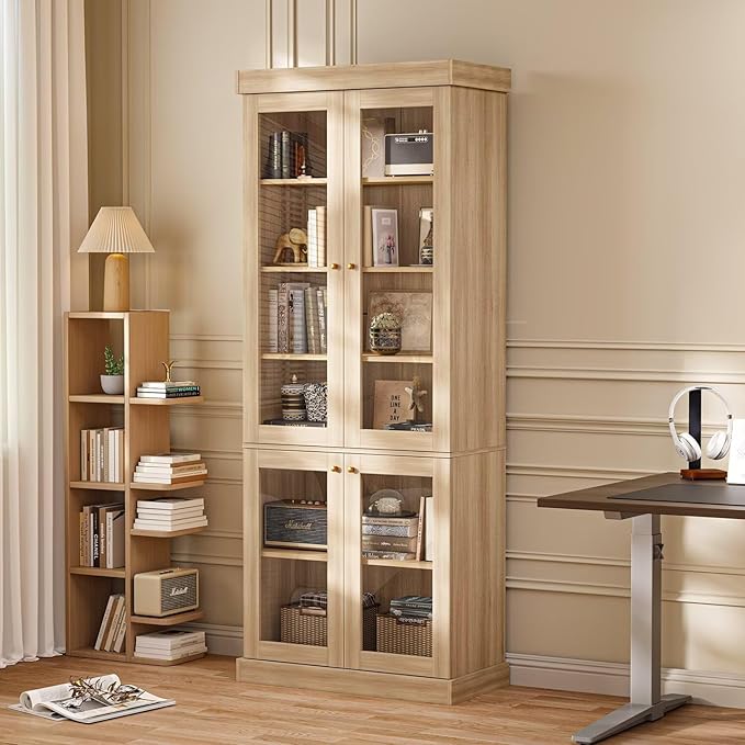 70.8" Tall Brown Bookshelf with Glass Doors, Farmhouse Modular Bookcase with 6-Tier Adjustable Shelves, Large Storage Cabinet for Home Office, Living Room