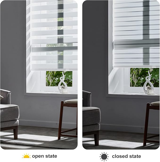 Persilux Cordless Zebra Blinds for Windows Free-Stop Roller Window Shades (39" W X 72" H, White) Dual Layer Light Control for Day and Night, Light Filtering Sheer Shades for Home, Easy to Install