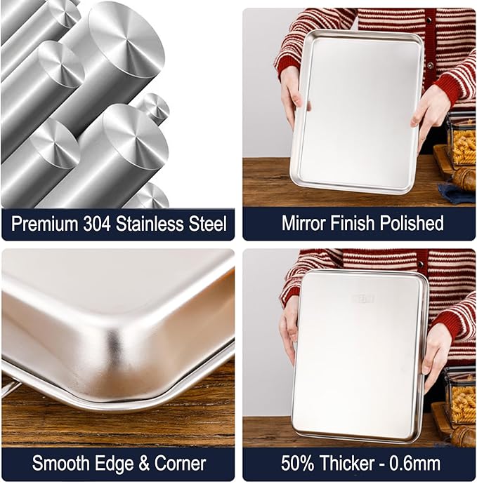 Small Cookie Baking Sheet Pans Stainless Steel 304 Tiny Serving Tray 12.4 x9.6 x1.1Inch (Diagonal 14.8) No Rust Dishwasher Safe Bakeware 2 Pack