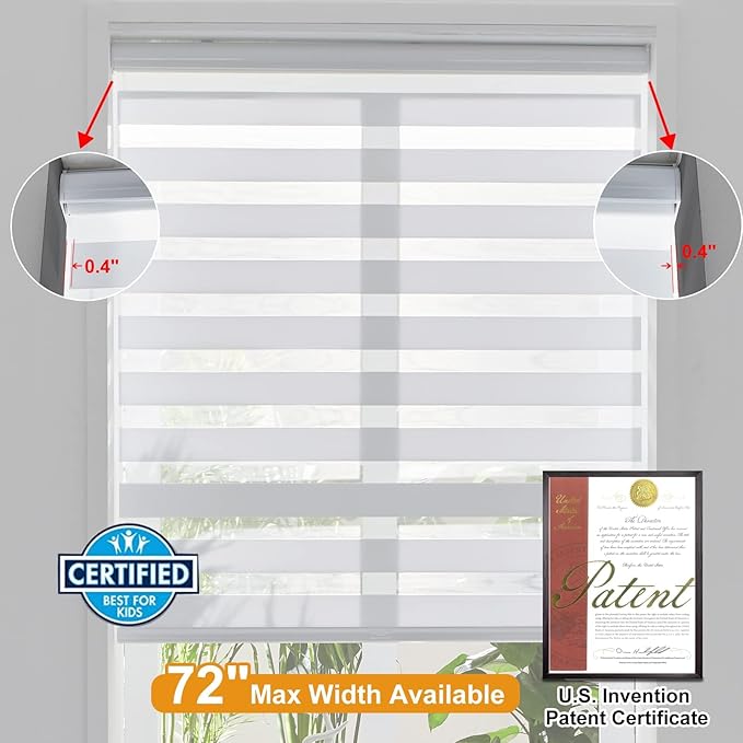 Persilux Cordless Zebra Blinds for Windows Shades (30.5"W x 72"H, White) Dual Layer Fabric for Day and Night Thermal Roller Shades, Free-Stop Room Darkening Sheer Shades for Home, Office and Bedroom