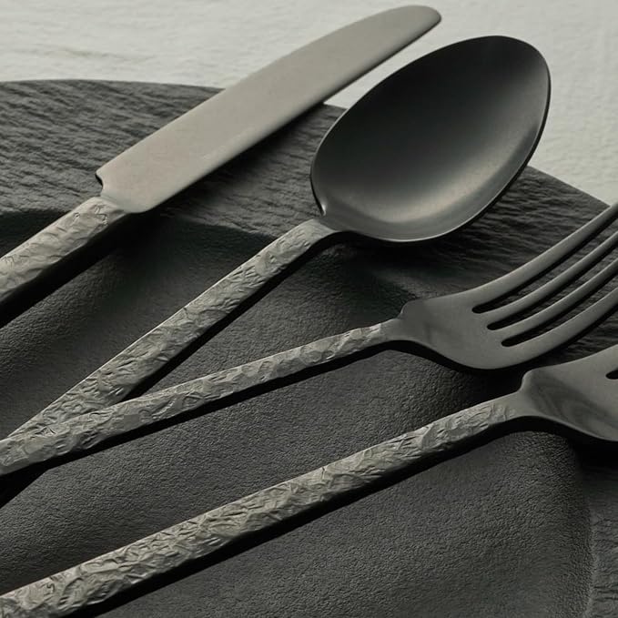KINGSTONE 60 Pcs Black Hammered Silverware Set for 12, 18/10 Stainless Steel Heavy Duty Flatware Set, Tableware Cutlery Utensil Sets for Home Restaurant Dishwasher Safe