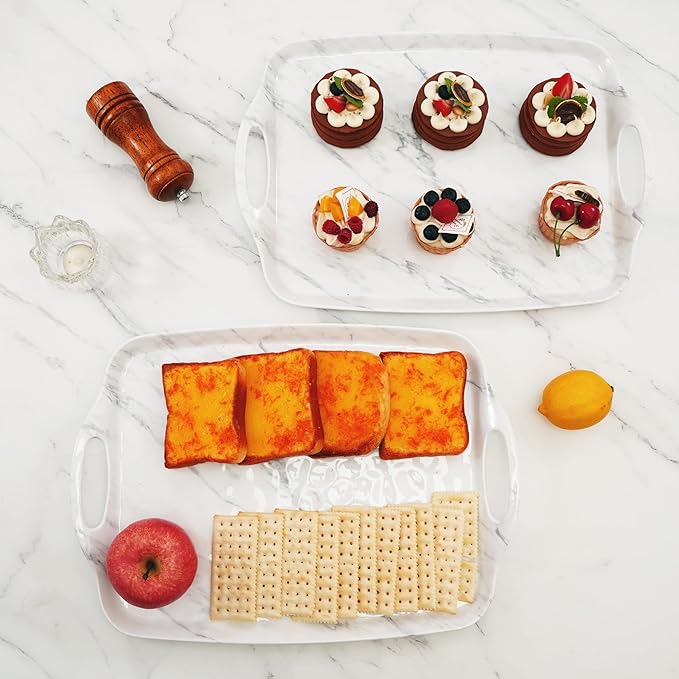 TP Serving Trays with Handles, 19 Inch Large Rectangular Melamine Serving Platter Set of 2, White Marble