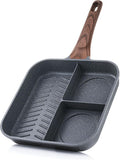 SENSARTE Nonstick Divided Grill Pan for Stove Tops, 3-Section Versatile Breakfast Grilling Pan, Durable Square Grill Skillet, Steak Griddle Pan, PFOA, PFOS, APEO Free, Induction Compatible, 9.5 Inch