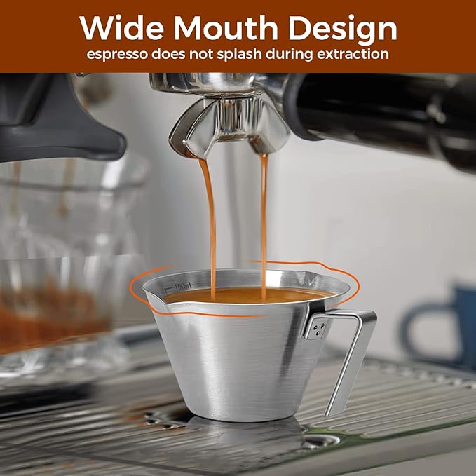 2Pcs Stainless Steel Espresso Cup, Double Spout Metal Espresso Measuring Cup with Handle, 3.4oz/100ml V-Shaped Mouth with Dual Scale (Silver+Black)