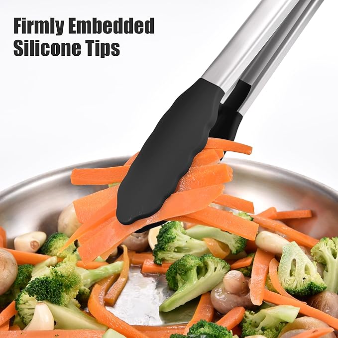 Doosu Kitchen Tongs for Cooking - 600°F Heat Resistant Food Tong with Non-Scratch Silicone Tips, Heavy Duty Stainless Steel Locking Tong for BBQ, Grilling Steak, Serving Salad, Pasta (12in, Black)