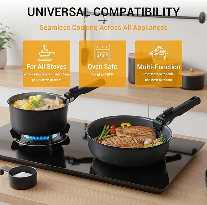 Ammeloo 18 Pcs Pots and Pans Set Non Stick, Induction Ceramic Cookware Set with Detachable Handle,Non Toxic Kitchen Cooking Set with Removable Handle for RVs,Camping,Fridge, Dishwasher/Oven Safe,Black