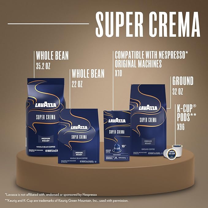 Lavazza Super Crema Whole Bean Coffee, Medium Espresso Roast, Arabica and Robusta Blend, 2.2 lb Bag (Pack of 8)