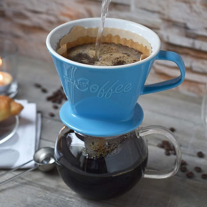 Creano XXL Porcelain Coffee Dripper Blue - Ceramic Cone Brewer - Pour Over Coffee Maker - Filter Size 4 - huge and heavy quality 800gr/28oz - 6 Colours availeble