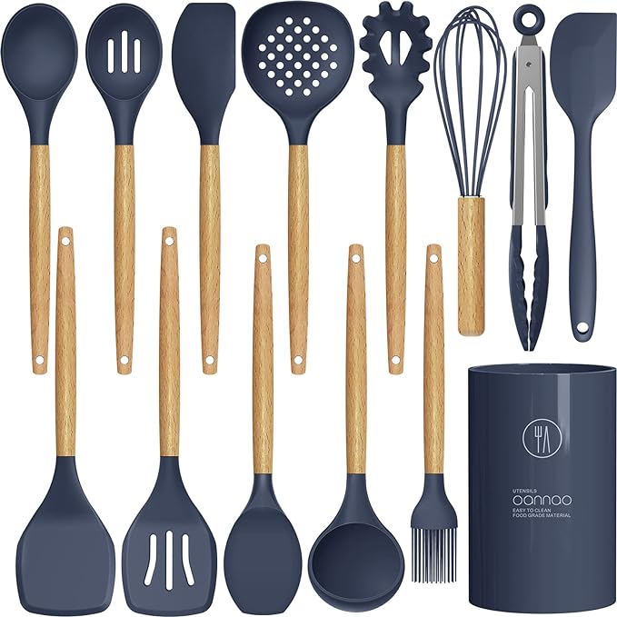 Silicone Cooking Utensils Set - 446°F Heat Resistant Silicone Kitchen Utensils for Cooking,Kitchen Utensil Spatula Set w Wooden Handles and Holder, BPA FREE Gadgets for Non-Stick Cookware (Navy Blue)