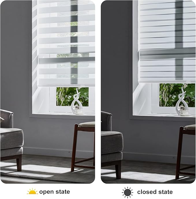 Persilux Zebra Blinds for Windows, Cordless Roller Blinds (63" W x 72" H, White) Light Filtering Sheer Window Treatments, Light Control for Day and Night, Room Darkening Roller Shades for Windows
