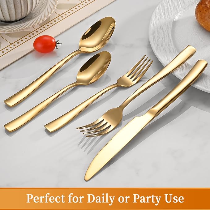 40-Piece Black Silverware Set, Heavy Duty Stainless Steel Flatware Cutlery Set Service for 8, Food-Grade Utensil Sets for Home Restaurant, Dishwasher Safe (Gold, 40)