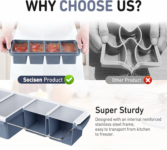 Silicone Freezer Tray with Lid Soup Freezer Container Molds with Steel Reinforced Rim Large Ice Cube Tray Makes 8 Perfect 1 Cup Portions Cubes Storage Food Ice Block Molds New Home Essentials