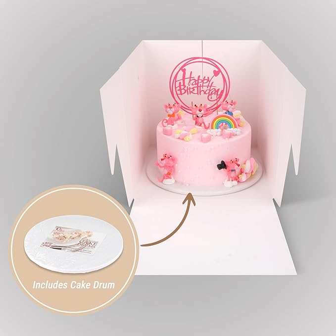 Cakebon Cake Boxes with Boards - 8 Inch Round Cake Drum Silver - Box With Window for Birthdays, Weddings and Parties (1pc Each, 2pcs Total)
