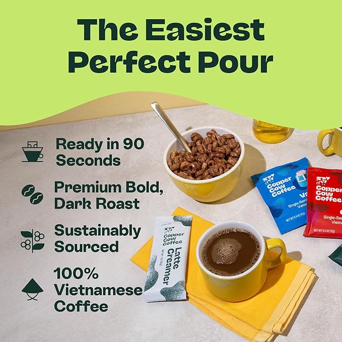 Copper Cow Premium Vietnamese Coffee Variety Pack (15 Coffees & 15 Creamers)| Classic Black, Churro, & Vanilla Latte | Pour Over Single-Serve Lattes, No Refrigeration Needed, Travel Friendly