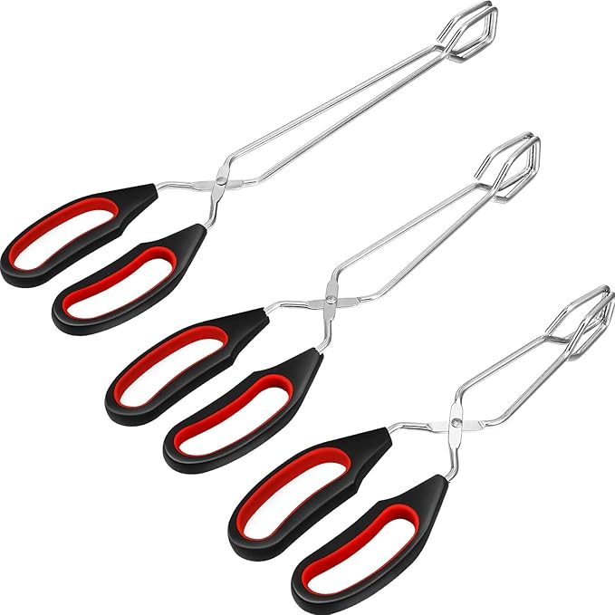 Boao 3 Pack Stainless Steel Scissor Metal Tongs Kitchen Wire Tongs for Cooking 9-inch 11-inch and 12-inch Heat Resistant Small Scissor for BBQ Grilling Tool for Hot Food with Silicone Handle