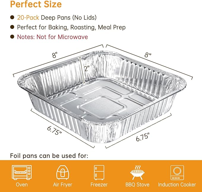Aluminum Pans 8x8-20 Pack Disposable Foil Pans, Heavy Duty Aluminum Roasting Trays for Baking, Cooking, Heating, Storing, Prepping Food