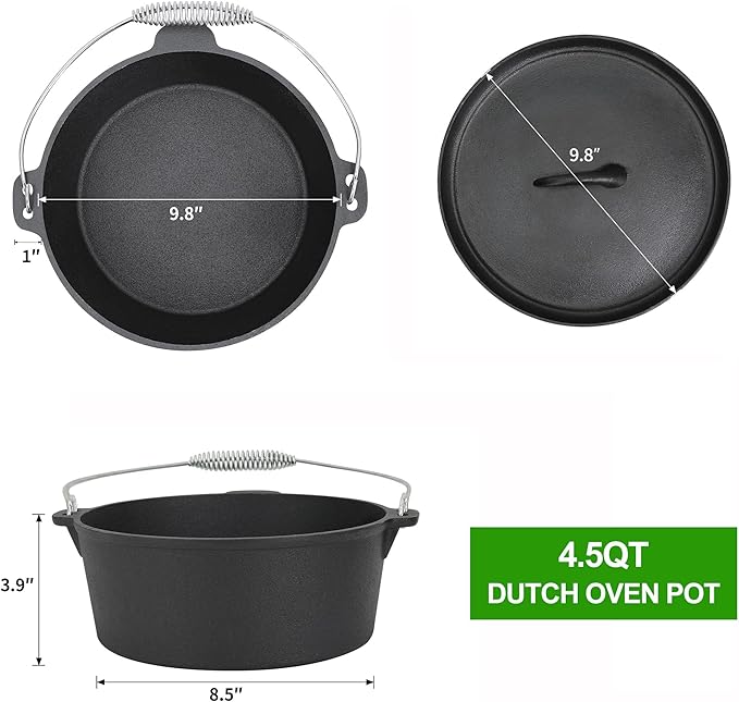 8 Piece Pre-Seasoned Dutch Oven Cooking Set Cast Iron Camping Kitchen Cookware Bakeware Skillets & Square Grill Pan w/Vintage Carrying Wood Box for Ourdoor Home BBQ Baking