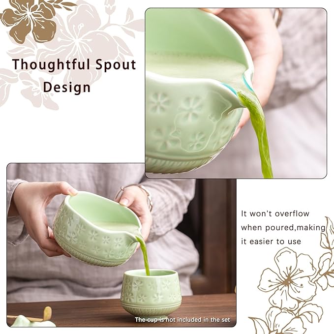 Matcha Whisk Set, Ceramic Matcha Kit Set Includes Matcha Bowl, Matcha Whisk and Holder, Bamboo Scoop, Scoop Rest, Sifter and Tea Towel - 7 Pcs Matcha Kit for Matcha Lovers (Green)