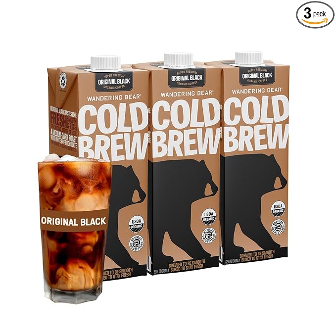 Wandering Bear Straight Black Organic Cold Brew Coffee - Extra Strong, Bold, Smooth, Unsweetened, Shelf-Stable, Ready to Drink, 100% Organic Iced Cold Brewed Coffee Drink - 32 fl oz, 3 pack