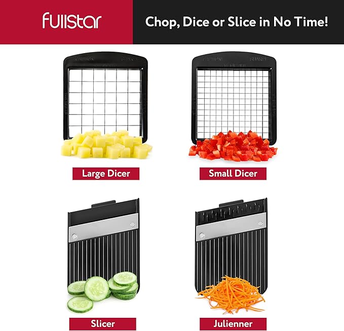 Fullstar All-in-1 Vegetable Chopper and Mandoline Slicer for Kitchen - Cheese Grater, French Fry Cutter, Cheese Slicer - Bonus Handheld Spiralizer Included (4 in 1, Black/White)