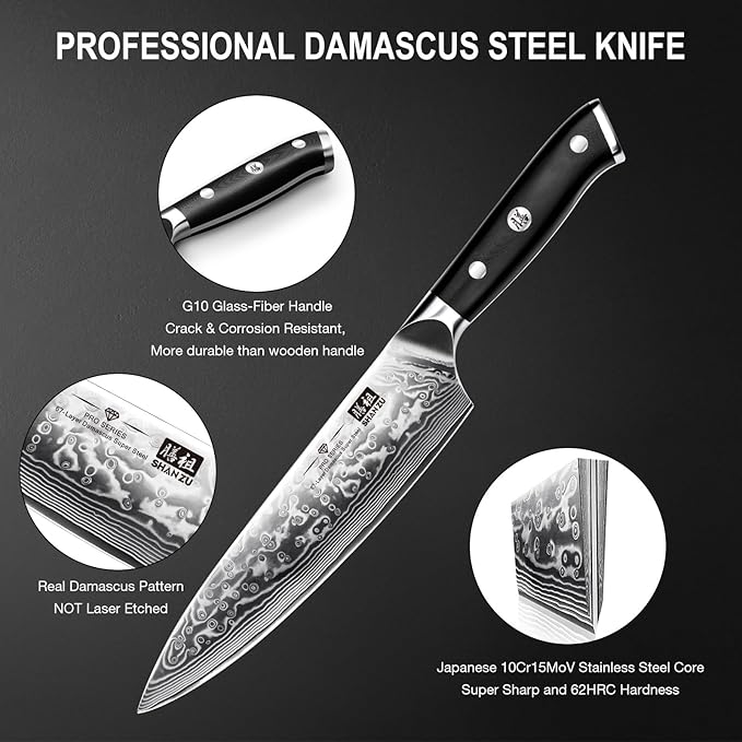SHAN ZU Damascus Kitchen Knife Set, 7-Piece Professional Knife Sets for Chefs, Japanese Super Steel Damascus Kitchen Knife Set With G10 Handle Knife Block Set