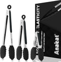 Anaeat Non-Stick Silicone Locking Tong Set of 3 - Stainless Steel 7", 9", 12" Kitchen Food Tongs with Non-Slip Silicone Tips and Grip for Cooking, Baking and BBQ - Heat Resistant up to 480°F (Black)
