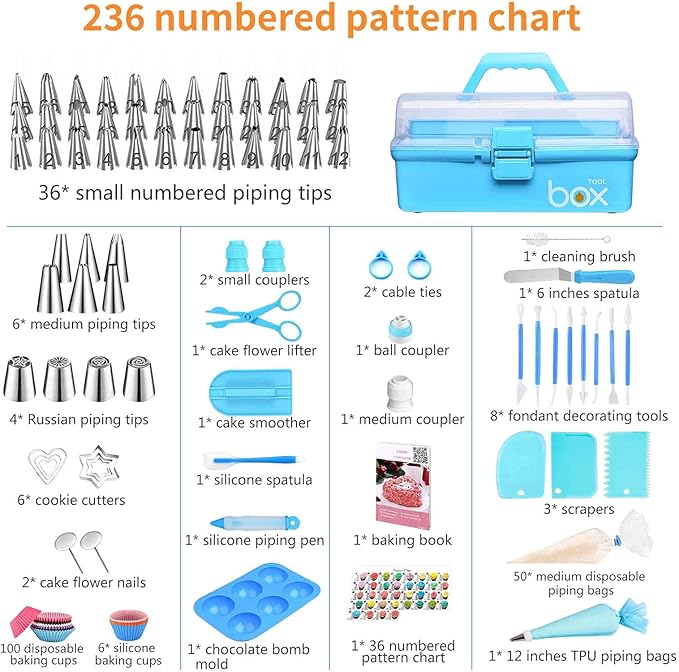 Cake Decorating Tools Supplies Kit: 236pcs Baking Accessories with Storage Case - Piping Bags and Icing Tips Set - Cupcake Cookie Frosting Fondant Bakery Set for Adults Beginners or Professional, Blue