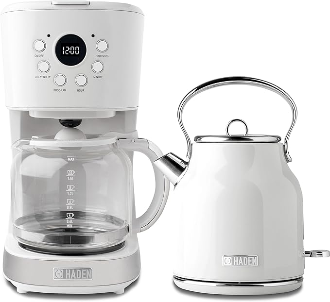 HADEN Coffee Machine, 12 Cup Drip Coffee Maker Bundled with Heritage 1.7 Liter Stainless Steel Electric Kettle, Ivory & Chrome